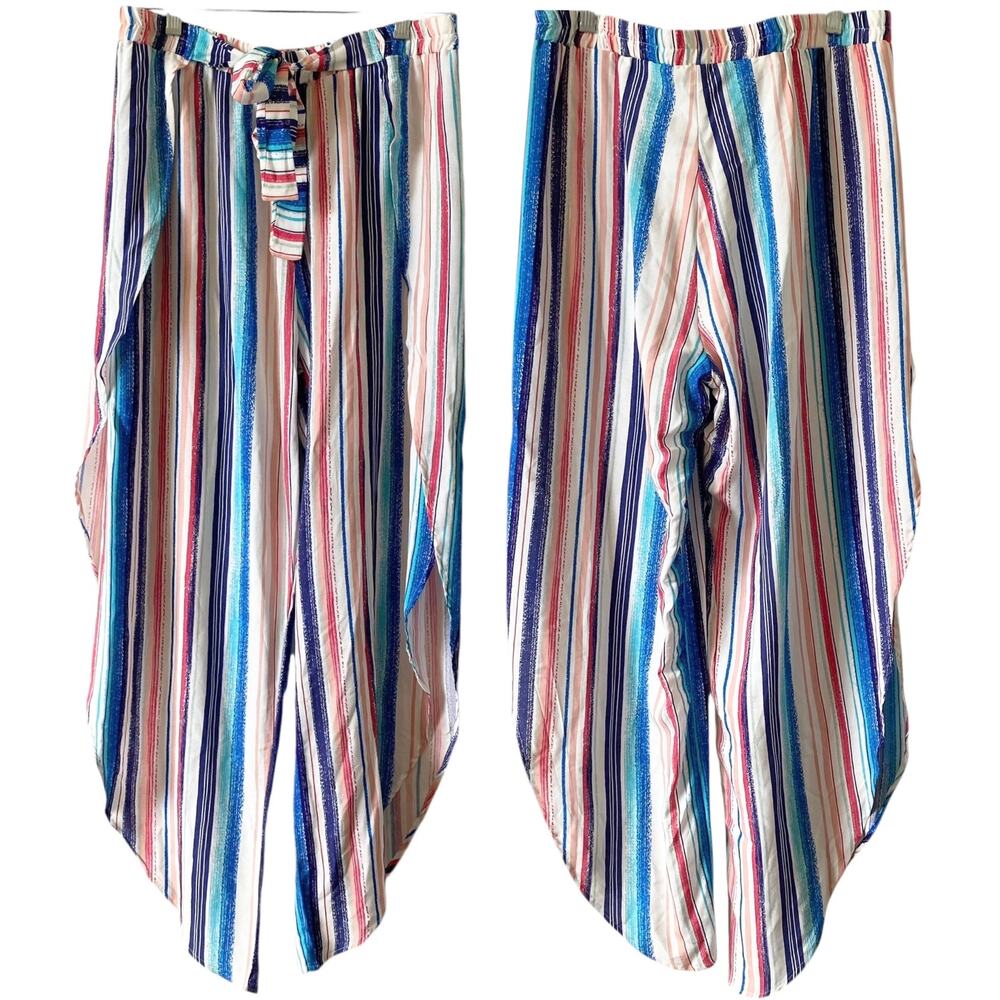 NEW PORTOCRUZ Coastal Striped Bohemian Pants Multicolor Size Large Rayon Boho